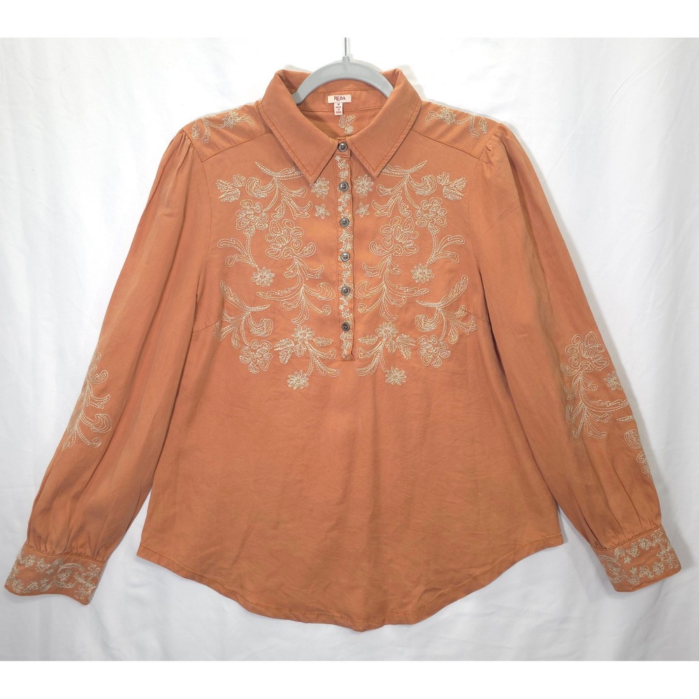 Reba Button Blouse Floral Embroidered Tencel Orange Women M Western Boho Causal